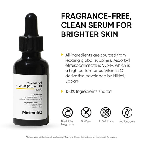 Minimalist Rosehip Oil with Vitamin C - Anti Aging & Glowing Skin, Fades Acne Marks & Scars, 1 Fl Oz / 30 ml