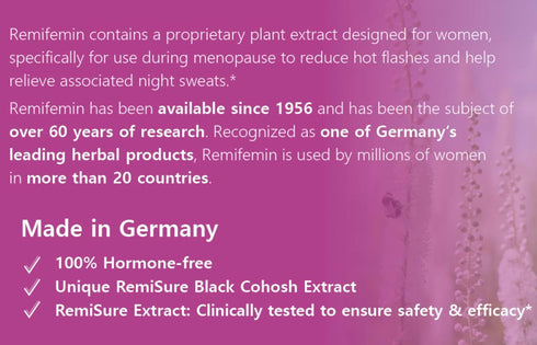 Remifemin Menopause Supplements - 60 Tablets for Symptoms Relief - Estrogen-Free, Black Cohosh, Made in Germany