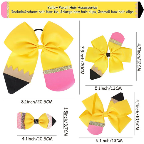 Whaline 5Pcs Back to School Yellow Pencil Hair Bow Clips Ponytail Holder Jumbo Ribbon Grosgrain Hairgrips Cheer Hair Bows Tie for First Day of School Girl Student Cheerleader Hair Accessories