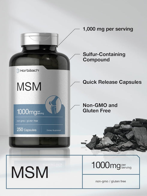 Horbaach MSM Supplement Capsules - 1000mg, 250 Count, Non-GMO and Gluten Free Formula, Methylsulfonylmethane