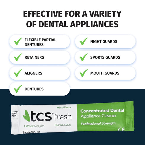 TCS Fresh Dental Appliance Cleaner, 24 Count Professional Strength Concentrated Cleanser Powder, Mint Flavor