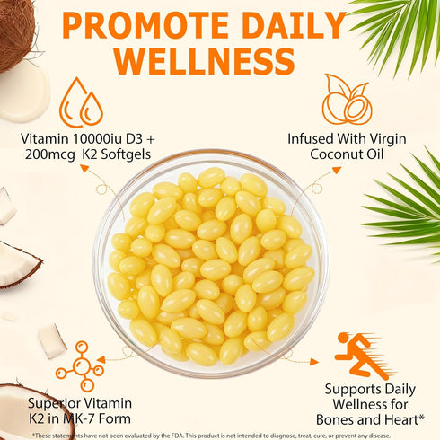 ZROGJBMK D3 K2, D3 K2 10000 2 1 200 (MK-7) Immune, D3 K2 120 Vitamin Vitamin iu Supplement With Coconut Oil Softgels