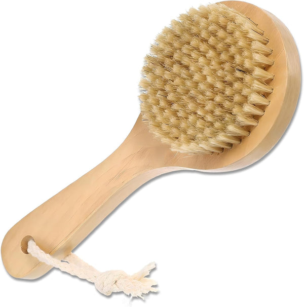 Dry Bath Body Brush with Short Handle, Natural Bristles for Exfoliation and Blood Circulation