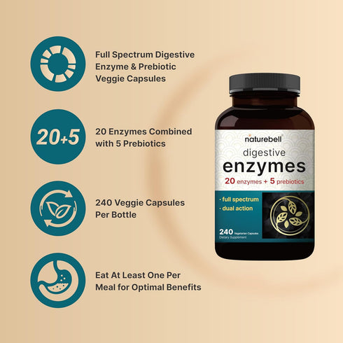 NatureBell Digestive Enzymes with Prebiotics | 240 Veggie Capsules - 20 Enzyme & 5 Prebiotic Complex