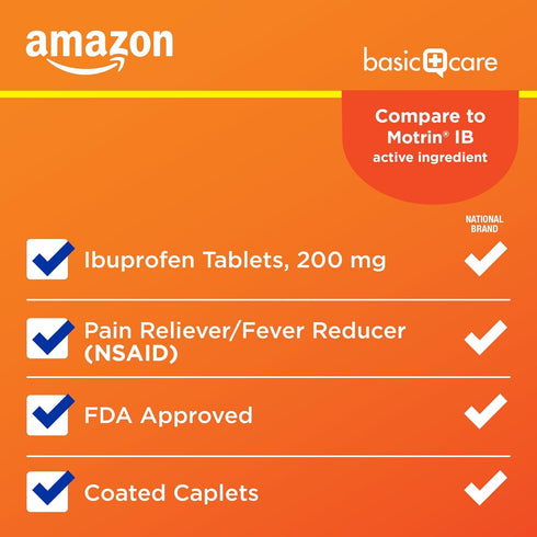 Amazon Basic Care Ibuprofen Tablets, 200 mg Pain Reliever for Arthritis, Toothache, Backache, 100 Count