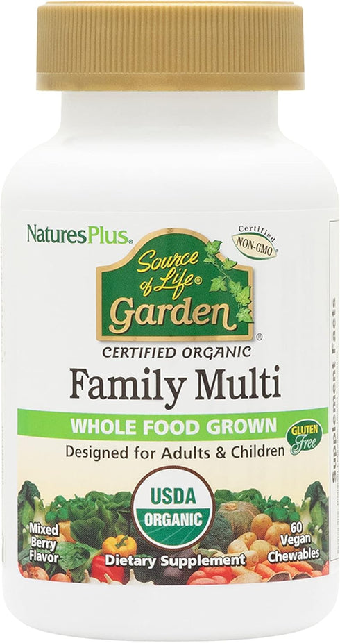 Natures Plus Source of Life Garden Certified Organic Family Chewable Multivitamin - 60 Vegan Chewables, Mixed Berry