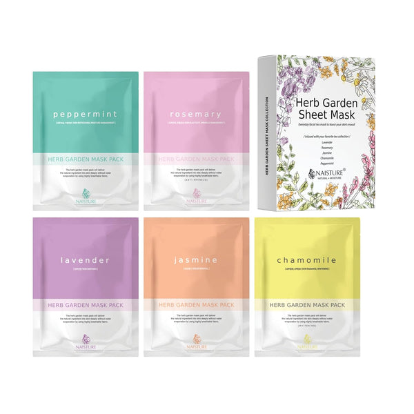 Herb Garden Sheet Mask (5pc), Lavender, Rosemary, Jasmine, Chamomile, Peppermint, Anti-Aging.