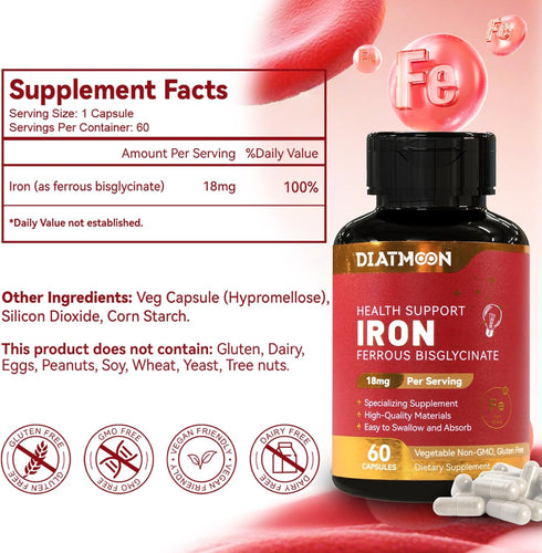 Wellbeing Iron Supplement for Women & Men - Highly Absorbable Iron Bisglycinate Capsules for Adults,Vegan, Non-GMO