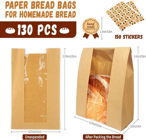 WNSIRVY 130 Pack 150 (13.7x8.2x3.5 Inches, Large Bread Bags for Homemade Sourdough Bread - Kraft Paper Storage Bakery