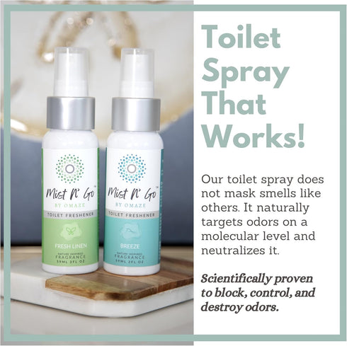 Mist N’ Go by Omaze Travel Bathroom Spray, 2oz x2, Odor Eliminator Toilet Spray for Bathroom Deodorizer