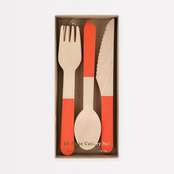 Meri Meri Wooden Cutlery Set (Pack of 24), Made from Birch Wood,