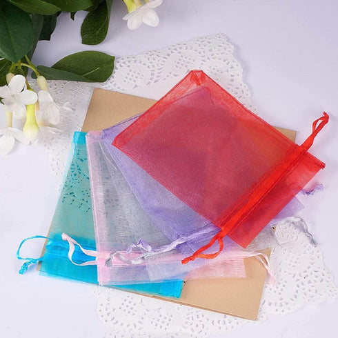 50pc 5x7 inches Mixed Color Gift Wrap Bags, Organza Sheer Fabric Drawstring Pouches for Baby Shower Favor
