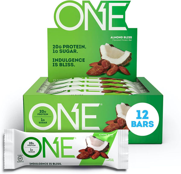 ONE Protein Bars, Almond Bliss - Gluten Free with 20g Protein, 1g Sugar, 2.12 oz (12 Pack)