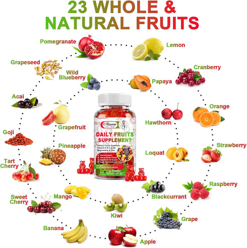 Sugar-Free Fruits and Veggies Gummies Supplement - Multi-Vitamins & Minerals, Immunity & Energy Support