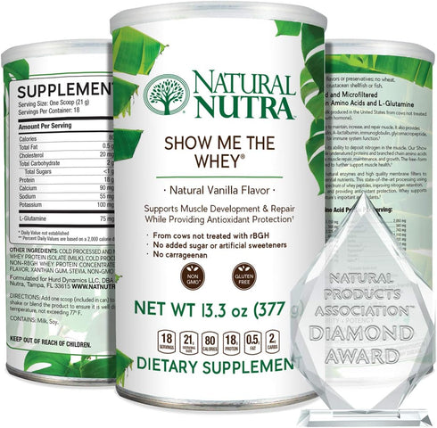 Natural Nutra Grass Fed Vanilla Show Me The Whey Protein Source Powder, Gluten Free, Sugar-Free, Non-GMO, 13.3oz