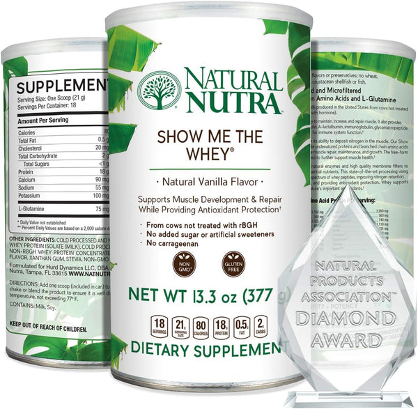 Natural Nutra Grass Fed Vanilla Show Me The Whey Protein Source Powder, Gluten Free, Sugar-Free, Non-GMO, 13.3oz