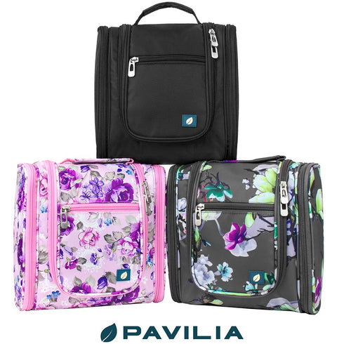 PAVILIA Travel Toiletry Bag for Women Men - Hanging Cosmetic Organizer, Large Water Resistant Makeup Bag (Floral Grey)