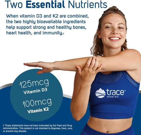 Trace Minerals Liquid Ionic Vitamin D3 + K2 - 125 mcg D3, 100 mcg K2 Concentrated Dietary Supplement (2 fl oz, 296