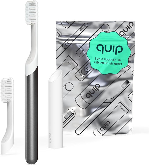 Quip Sonic Toothbrush for Adults - Includes Extra Brush Head, Travel Cover Mount, Soft Bristle, Metal Handle, Slate