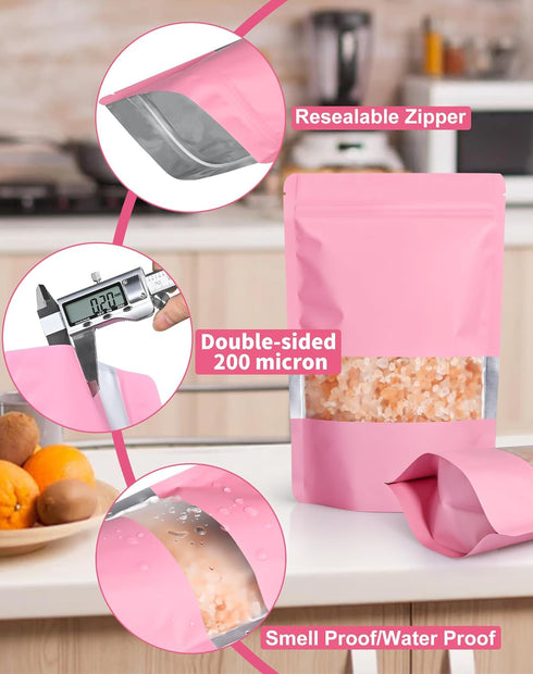 100 Pack Smell Proof Bags, 5.9"x8.6" Resealable Bags with Matte Window for Packaging (Pink)