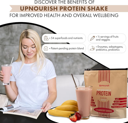 UpNourish Strawberry Banana Vegan Protein Powder | Meal Replacement Shake, Gluten Free, Dairy Free | 15 Servings,