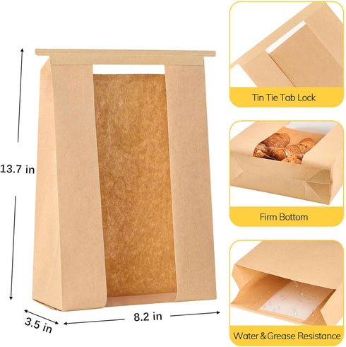 Ocmoiy 100Pcs 13.7x8.2x3.5 Inch Tin Tie Tab Lock Large Paper Bread Bags for Homemade Sourdough Bread Bags Resealable