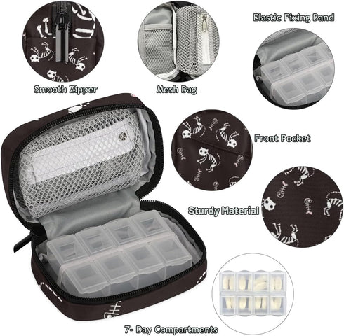 QsirBC 7 Halloween Skull Art Daily Pill Organizer Travel Medicine Container Holder Bag Small Weekly Pills Case Box Day