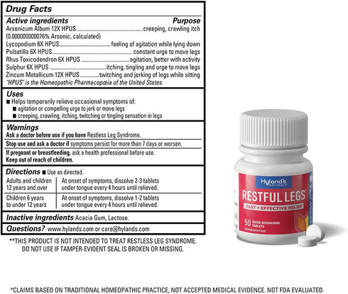 Hyland's Naturals Restful Legs Tablets, 50 Count for Natural Itching, Crawling, Tingling & Leg Jerk Relief