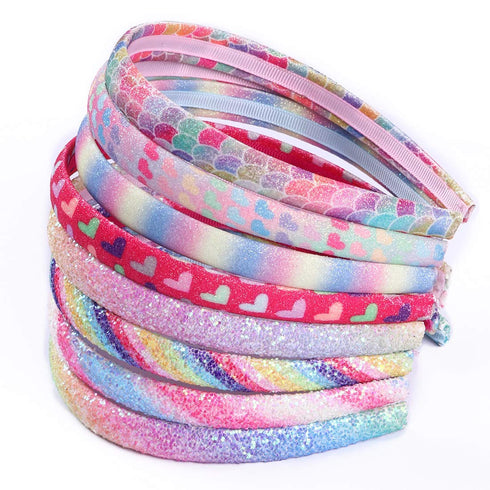 Rainbow Headbands, 8 Pcs Sweet Hairbands for Girls, Sequin Printed Heart Mermaid Kids Hair Pieces