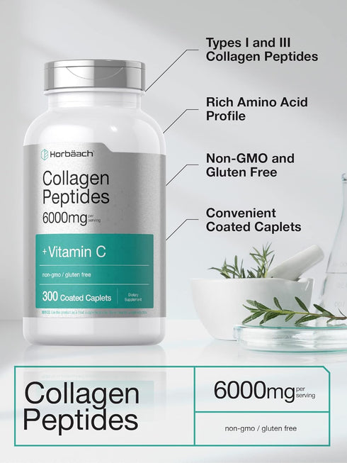Horbaach Collagen Peptides 6000mg - 300 Caplet Pills, with Vitamin C, Hydrolyzed Collagen Supplement