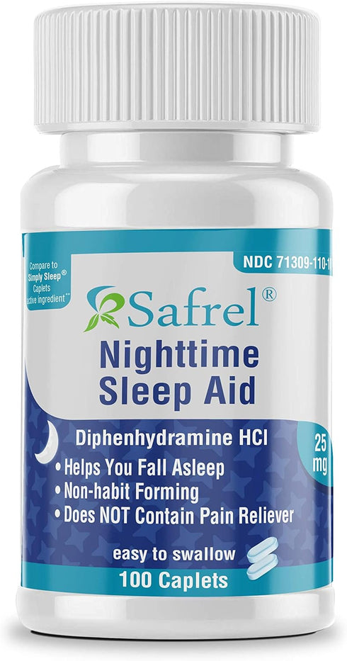 Safrel Nighttime Sleep Aid, 25mg Diphenhydramine HCl | Non Habit-Forming Restful Support for Men & Women | 100 Count