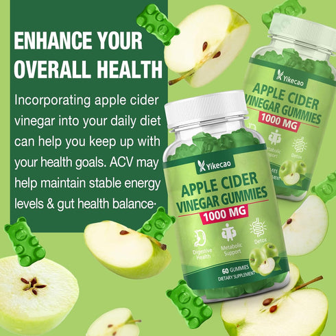 Yikecao Gummies, 1000mg Gummies B12, Immune 60 Count Apple Cider Vinegar ACV with The Mother & Apple Cider Vinegar