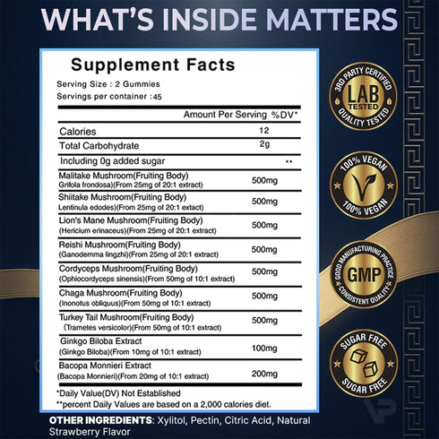 Varipeak 9-In-1 Gummies 90 Nootropic Mushroom | With Lion's Mane, Reishi, Chaga, & More | Enhanced with Bacopa Monnieri