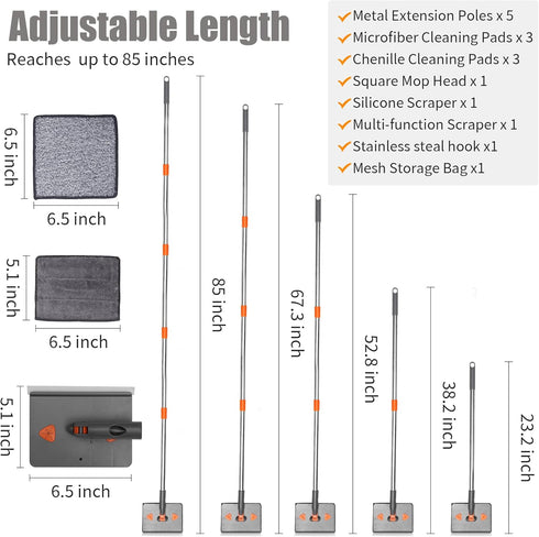 85” Baseboard Cleaner Tool with Handle Stainless Steel Hook | 180° Rotating Convex Design Wall Mop with 6 Reusable Pads | Multifunctional Scrapper, Window, Floor, Ceiling with Extension Poles