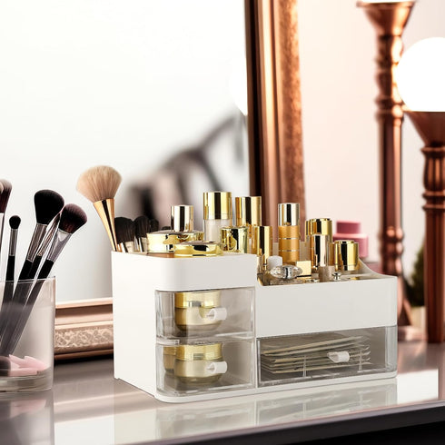 Makeup Organizer and Storage, Large Capacity Cosmetic Display Case with Drawer for Skincare, Brushes, Lipstick