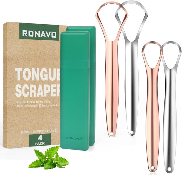 RONAVO Tongue Scraper Cleaner for Adults and Kids, Oral Hygiene, 4 Pack in 2 Colors