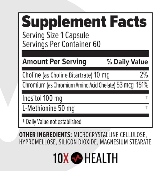 10X Health MIC Chromium Supplement with Choline, Inositol & L Methionine - 60 Capsules