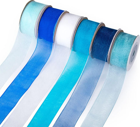 Blue Organza Ribbon 6 Rolls, 1 Inch Wide, Sheer Chiffon for Gift Wrapping