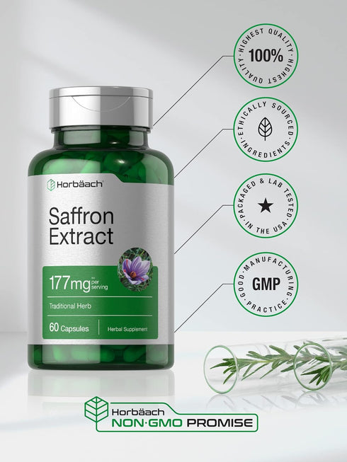Horbaach Saffron Extract Capsules | 177 mg | 60 Count - Non-GMO, Gluten Free Supplement