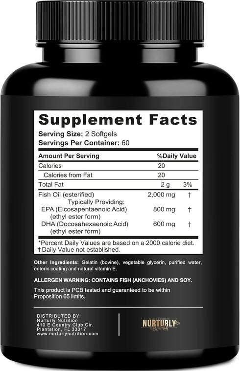 Omega 3 Fish Oil 2000mg, 800mg EPA, 600mg DHA - Burpless, Non-GMO, 120 Softgels for Joint and Heart Support