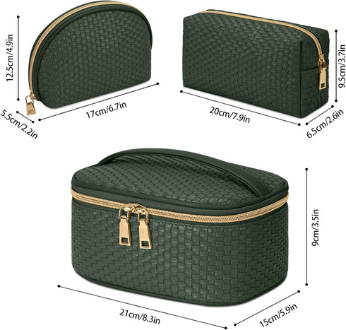 KTMOUW 3 Pcs Waterproof Makeup Bag Set, Portable Travel Cosmetic Organizer Storage Bag for Women, Deep Green