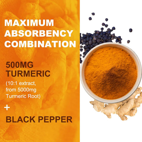 Turmeric Curcumin Gummies 500mg for Adults, 60 Orange Flavor Gummies with Black Pepper, Ginger Root, Vitamin C, Low