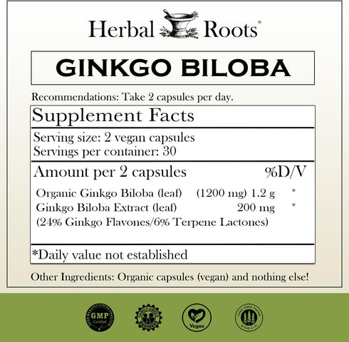 Herbal Roots Ginkgo Biloba Made with Pure Organic Ginkgo Leaf - 1,400mg per Serving, 60 Vegan Capsules