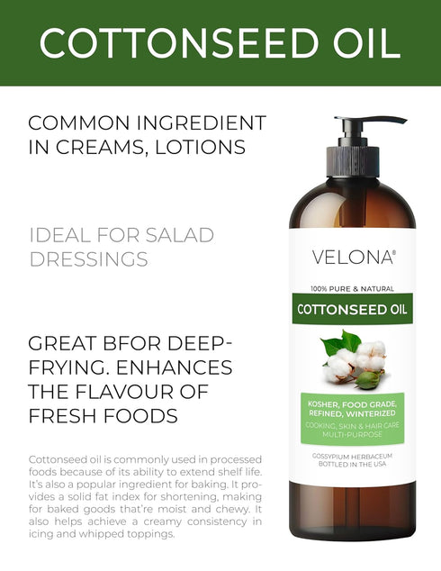 velona Cotton Seed Oil 8 fl oz, 100% Pure Natural Carrier Oil, Refined Cold Pressed for Cooking and Skin