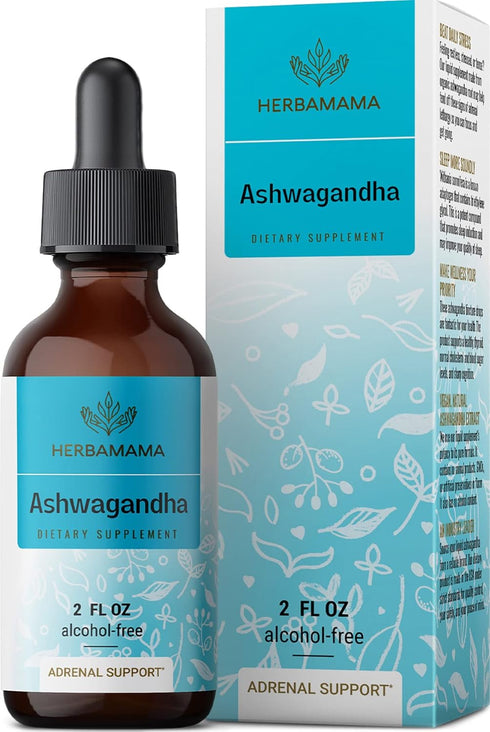 HERBAMAMA Ashwagandha Liquid Drops - Organic Ashwagandha Root Tincture, Vegan Liquid Complex, 2 fl oz