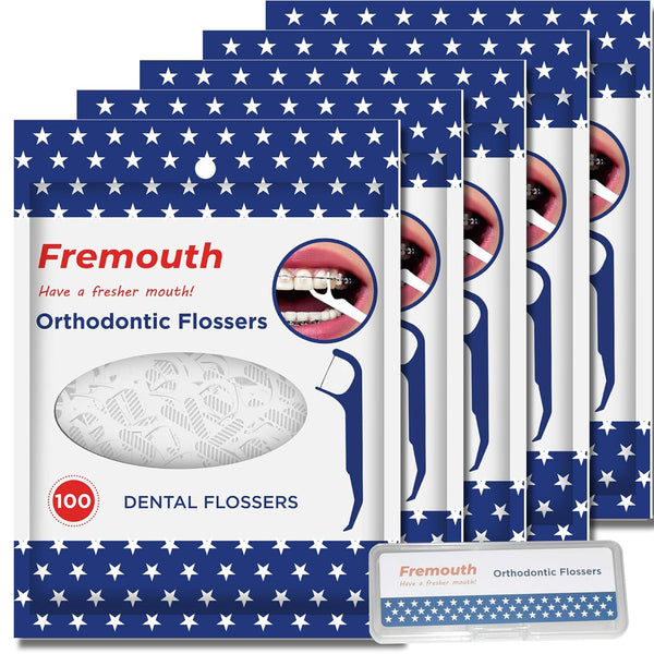 Orthodontic Flossers for Braces - 100 Count Dental Floss Picks (Pack of 5) with Travel Case