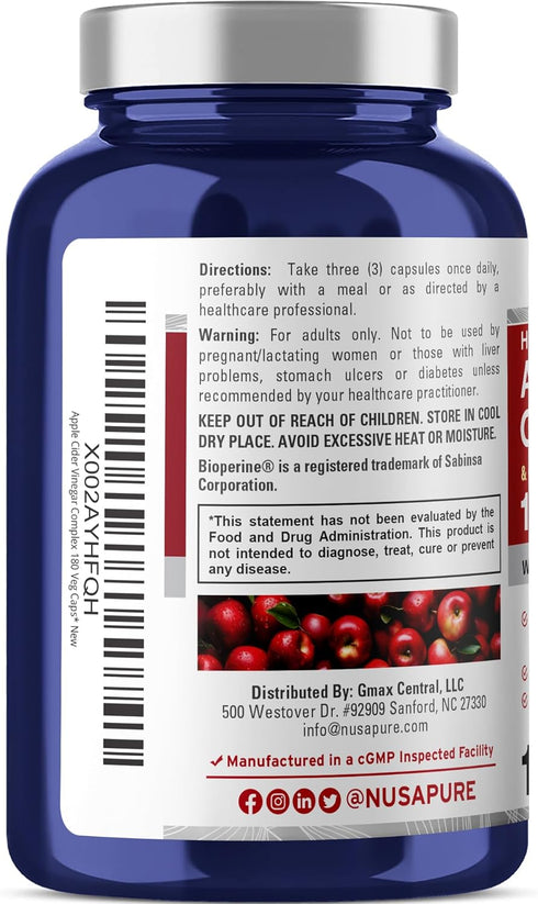 NusaPure Apple Cider Vinegar Complex 1500 mg, 180 Veg Caps, Suitable for Vegetarians and Vegans