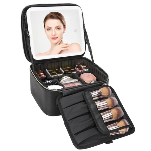 Relavel Travel Makeup Bag with LED Mirror, Cosmetic Train Case, Portable Makeup Artist Organizer with Adjustable