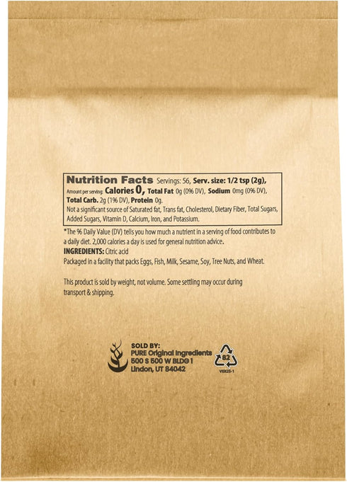 Pure Original Ingredients Citric Acid - 4 oz, Natural and Food Safe