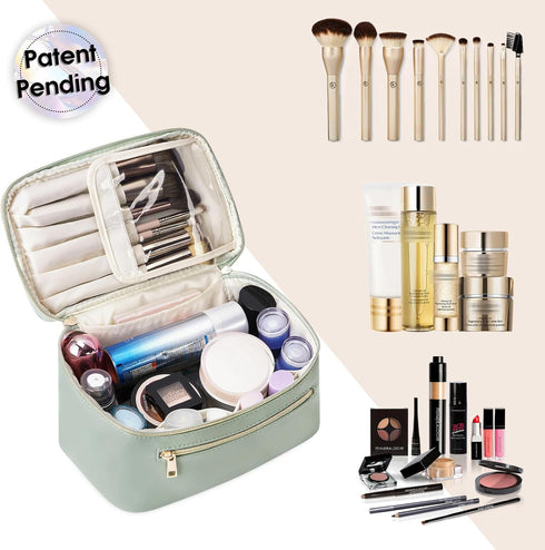 Wandering Nature Makeup Bag, Travel Organizer Cosmetic Brush Case for Women in Eco Vegan Leather, Green